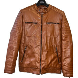 De Niko Brown Faux Leather Zip up Jacket Zipper Pockets Mens Large